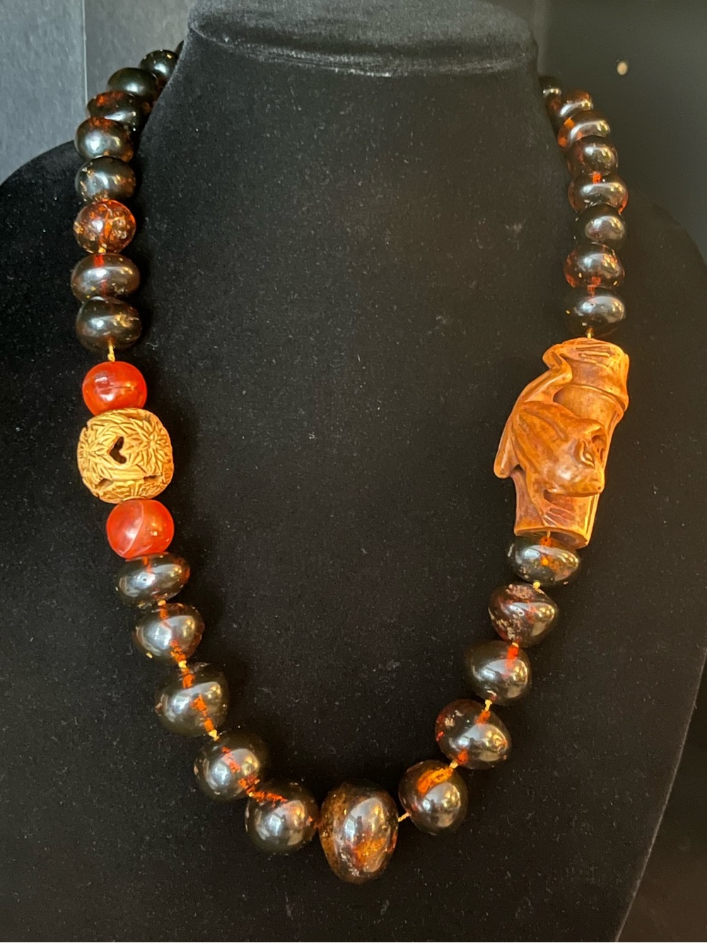 Baltic Amber Beaded Necklace Tied Nylon Cord with Carved Wood Frog/Floral Beads